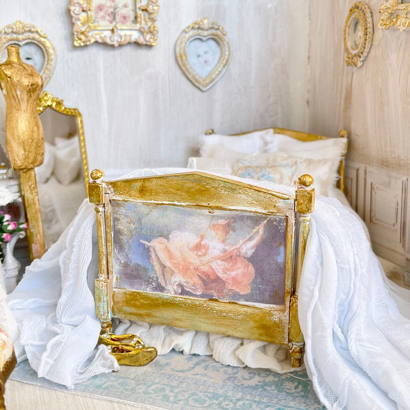 Etsy 1:12 Scale- Decoupaged Dressed Dollhouse Bed- Swing|Parisian Dreams| Letters from Paris