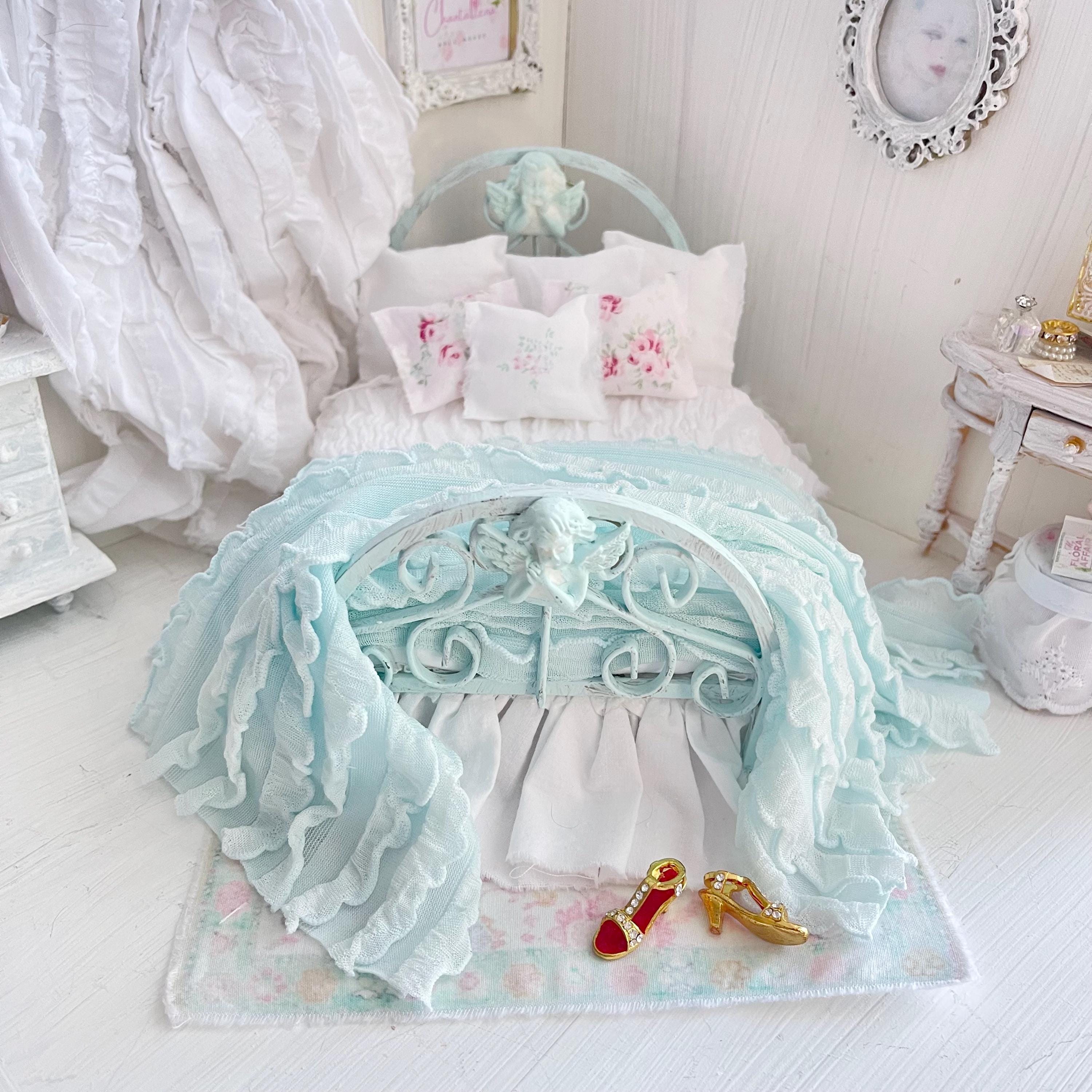 Etsy 1:12 Scale Distressed Mint Painted Metal Dressed Dollhouse Double Bed|Iron and Metal | Chantallena