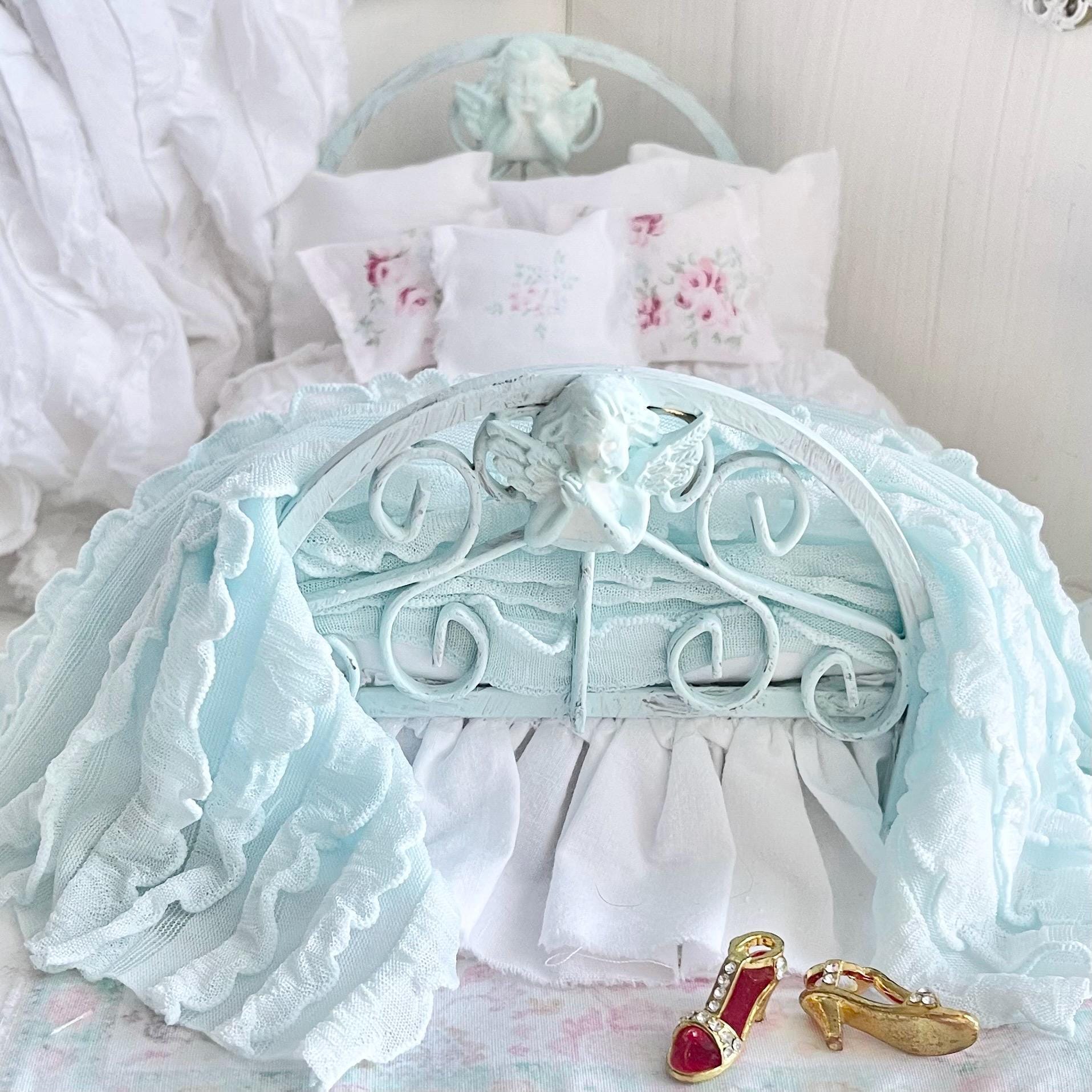 Etsy 1:12 Scale Distressed Mint Painted Metal Dressed Dollhouse Double Bed|Iron and Metal | Chantallena