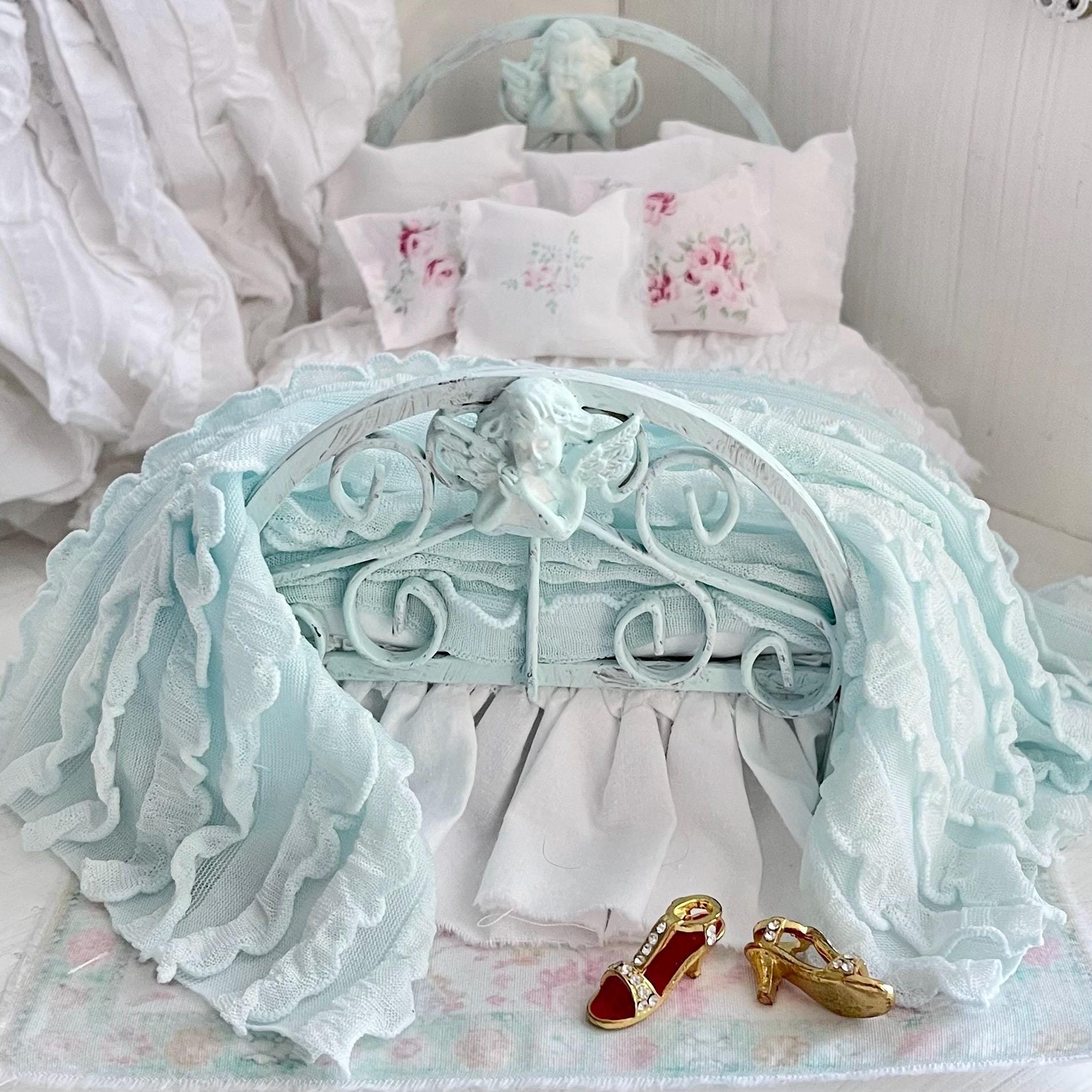 Etsy 1:12 Scale Distressed Mint Painted Metal Dressed Dollhouse Double Bed|Iron and Metal | Chantallena