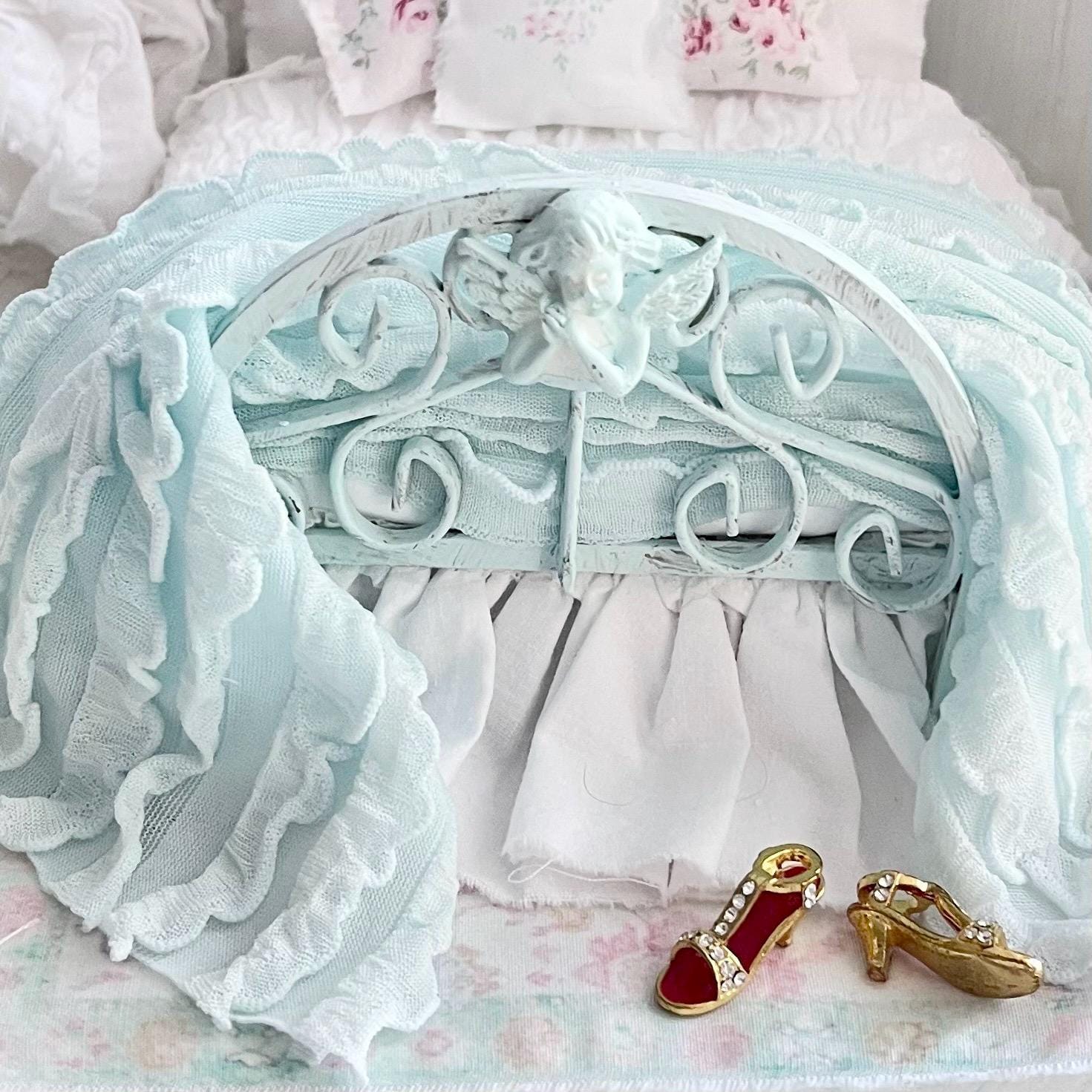 Etsy 1:12 Scale Distressed Mint Painted Metal Dressed Dollhouse Double Bed|Iron and Metal | Chantallena