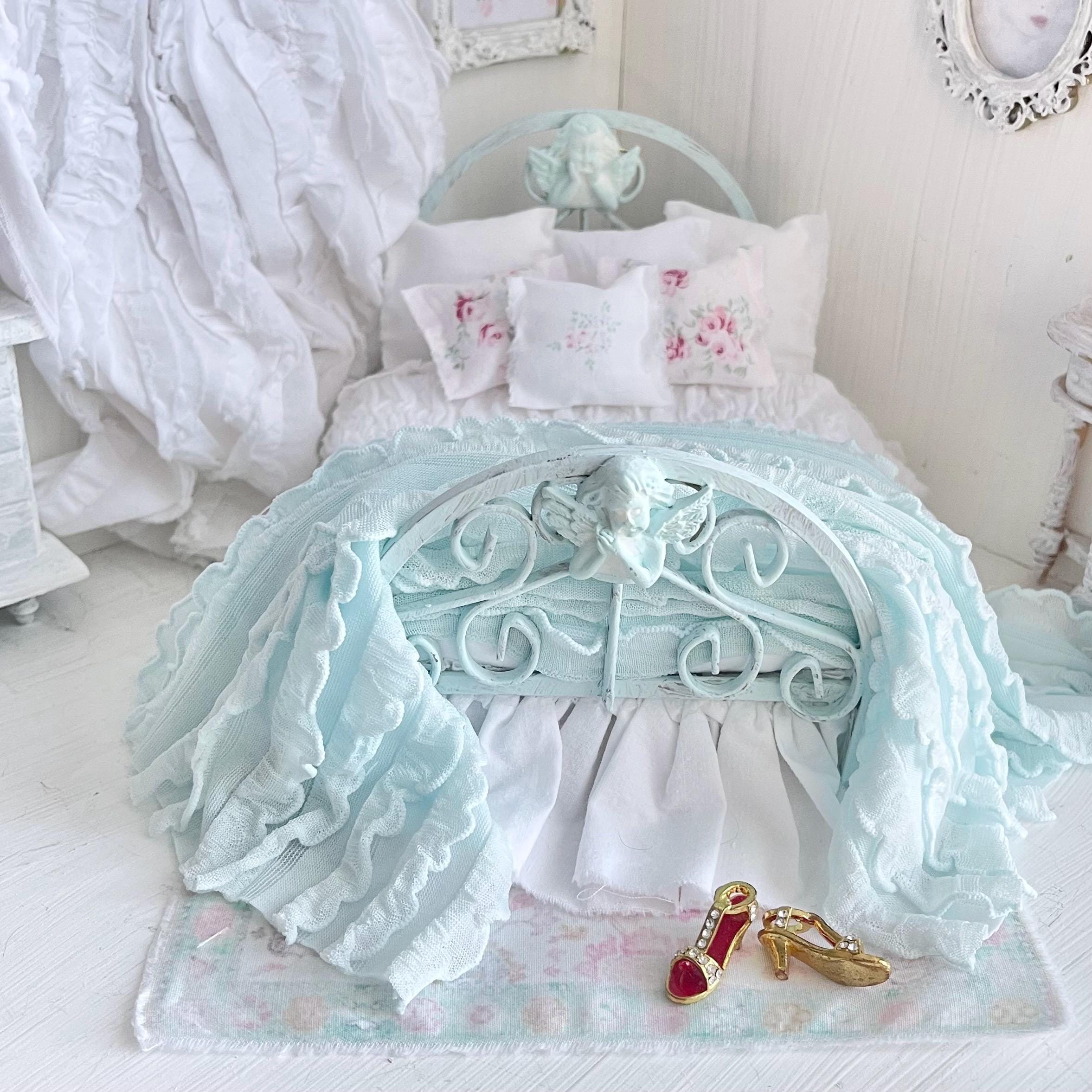 Etsy 1:12 Scale Distressed Mint Painted Metal Dressed Dollhouse Double Bed|Iron and Metal | Chantallena