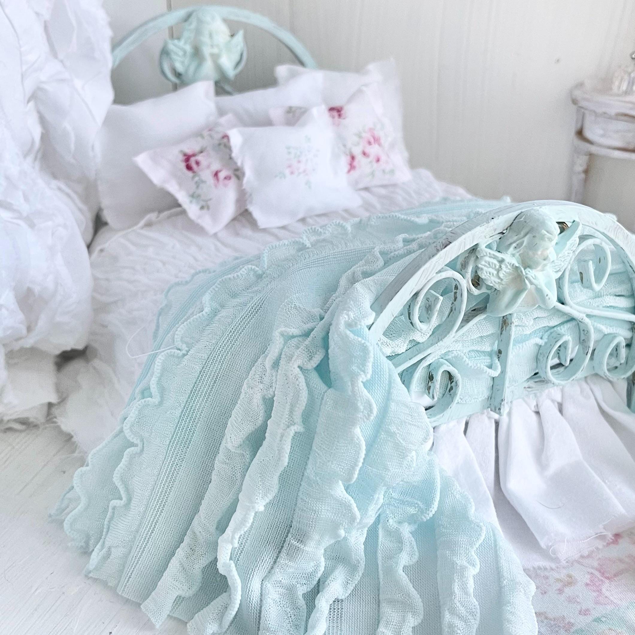 Etsy 1:12 Scale Distressed Mint Painted Metal Dressed Dollhouse Double Bed|Iron and Metal | Chantallena