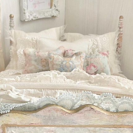 Etsy 1:12 Scale Distressed Painted Blue Wood Dressed Dollhouse Bed with Shabby White Bedding and Aqua Ruffled Knit Throw, Romantic  Miniatures