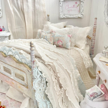 Etsy 1:12 Scale Distressed Painted Blue Wood Dressed Dollhouse Bed with Shabby White Bedding and Aqua Ruffled Knit Throw, Romantic  Miniatures