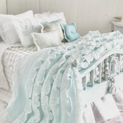 Etsy 1:12 Scale Distressed Painted Blue Wood Dressed Dollhouse Bed with Shabby White Bedding and Aqua Ruffled Knit Throw, Romantic  Miniatures