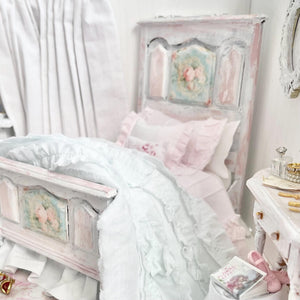 Etsy 1:12 Scale Distressed Painted White and Pink Wood Dressed Decoupaged Dollhouse Bed with Shabby White and Pink Bedding, Romantic Miniatures