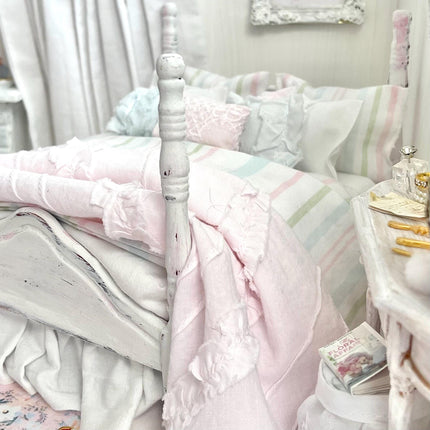 Etsy 1:12 Scale Distressed Painted White and Pink Wood Dressed Dollhouse Bed with Shabby White and Striped Bedding, Romantic Miniature Furniture