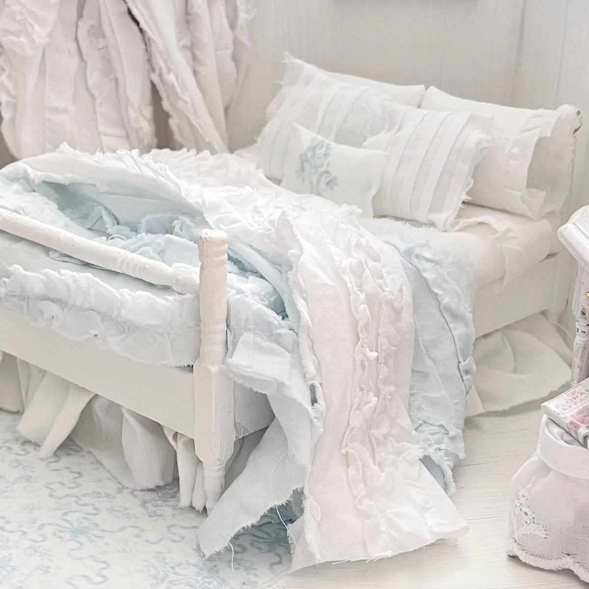 Etsy 1:12 Scale Distressed Painted White Wood Dressed Dollhouse Bed with Shabby White and Blue Ruffled Bedding, Romantic Miniature Furniture