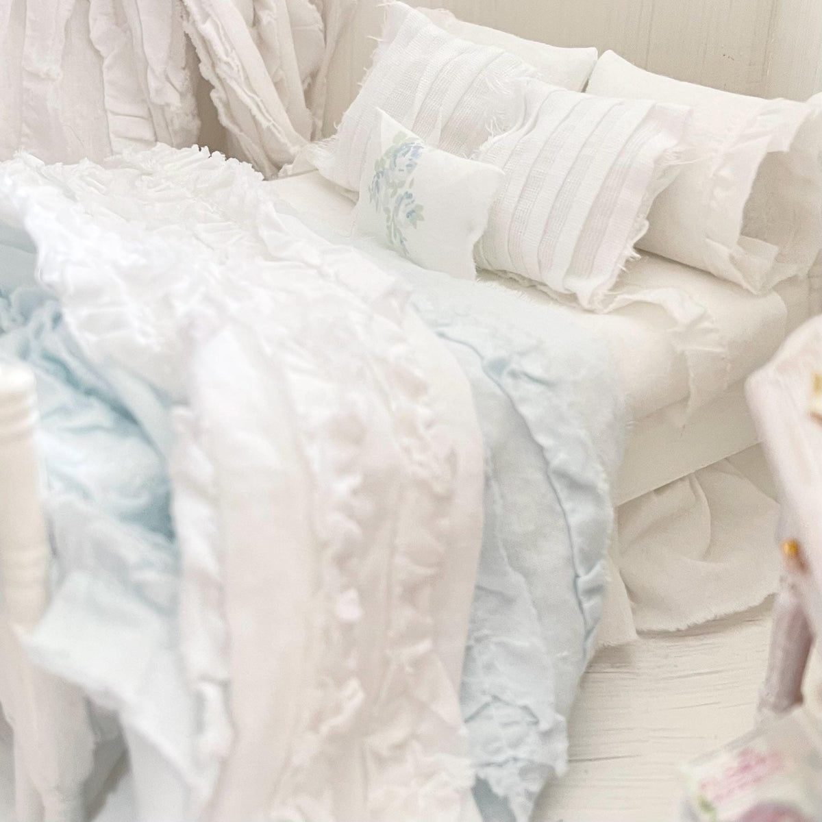 Etsy 1:12 Scale Distressed Painted White Wood Dressed Dollhouse Bed with Shabby White and Blue Ruffled Bedding, Romantic Miniature Furniture