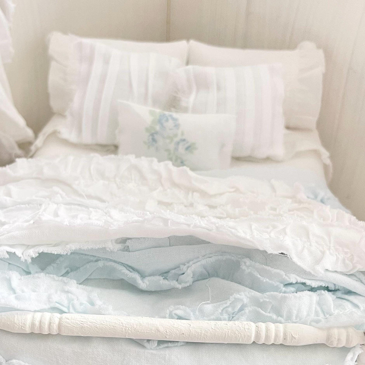 Etsy 1:12 Scale Distressed Painted White Wood Dressed Dollhouse Bed with Shabby White and Blue Ruffled Bedding, Romantic Miniature Furniture