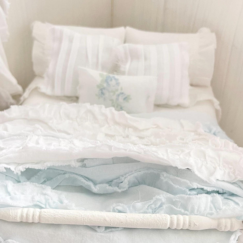 Etsy 1:12 Scale Distressed Painted White Wood Dressed Dollhouse Bed with Shabby White and Blue Ruffled Bedding, Romantic Miniature Furniture