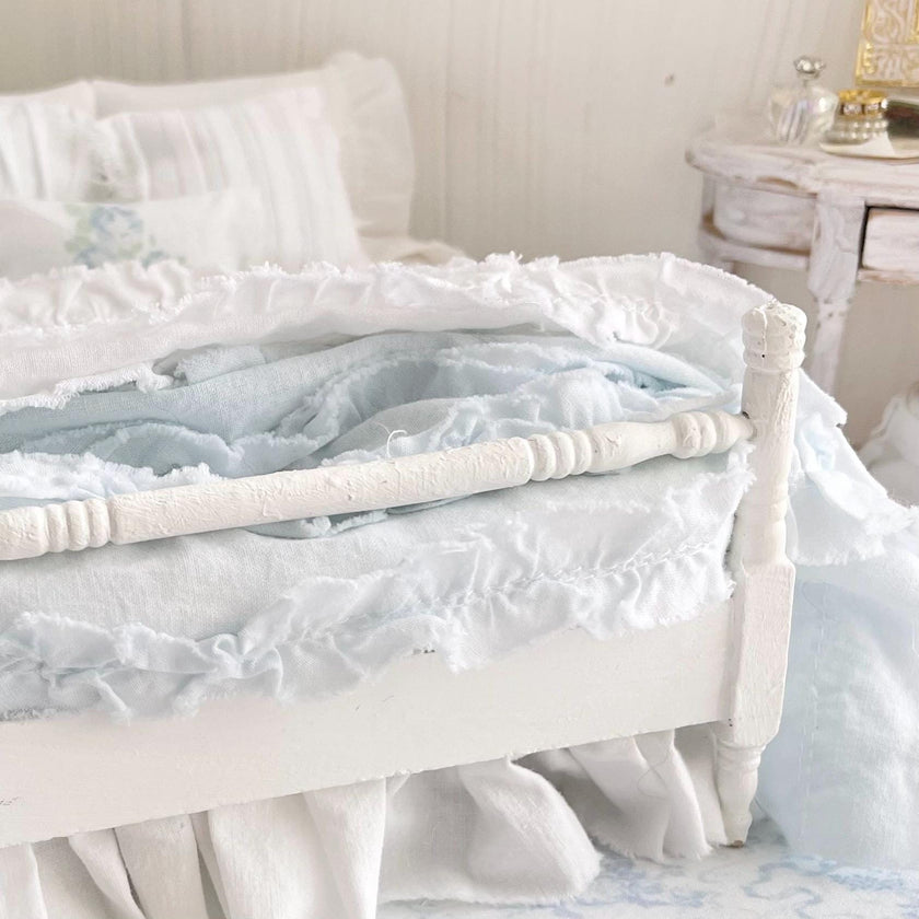 Etsy 1:12 Scale Distressed Painted White Wood Dressed Dollhouse Bed with Shabby White and Blue Ruffled Bedding, Romantic Miniature Furniture