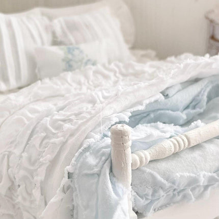 Etsy 1:12 Scale Distressed Painted White Wood Dressed Dollhouse Bed with Shabby White and Blue Ruffled Bedding, Romantic Miniature Furniture