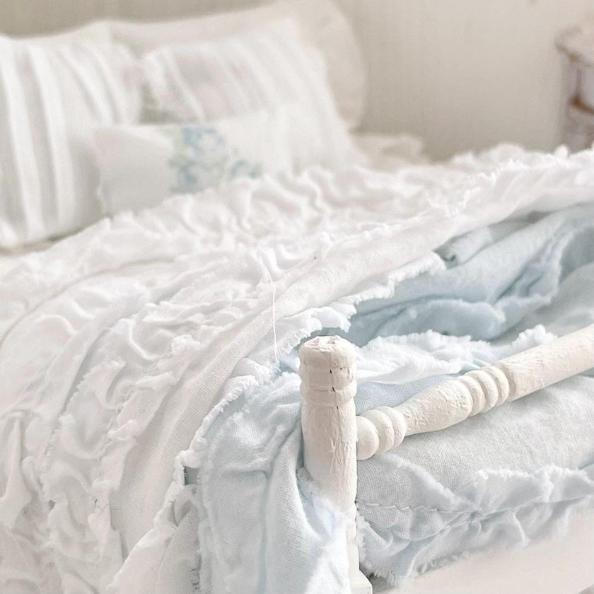 Etsy 1:12 Scale Distressed Painted White Wood Dressed Dollhouse Bed with Shabby White and Blue Ruffled Bedding, Romantic Miniature Furniture