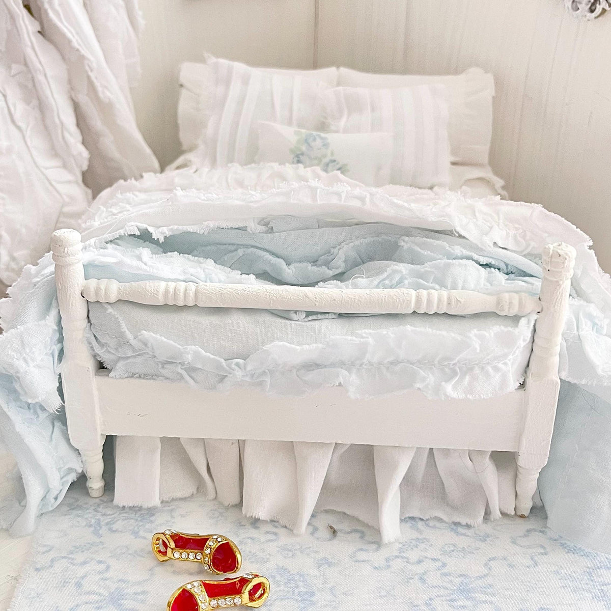 Etsy 1:12 Scale Distressed Painted White Wood Dressed Dollhouse Bed with Shabby White and Blue Ruffled Bedding, Romantic Miniature Furniture