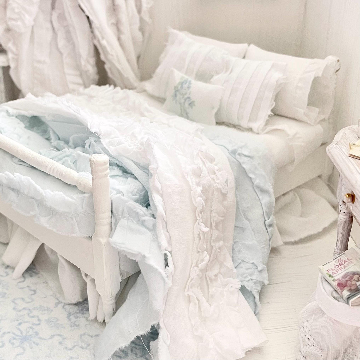 Etsy 1:12 Scale Distressed Painted White Wood Dressed Dollhouse Bed with Shabby White and Blue Ruffled Bedding, Romantic Miniature Furniture