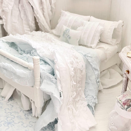 Etsy 1:12 Scale Distressed Painted White Wood Dressed Dollhouse Bed with Shabby White and Blue Ruffled Bedding, Romantic Miniature Furniture