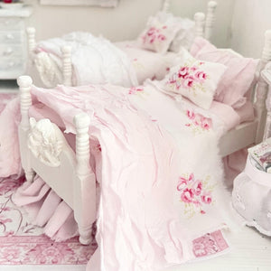 Etsy 1:12 Scale Distressed Painted White Wood Dressed Dollhouse Beds with Shabby White and Pink Ruffled Bedding, Romantic Miniature Furniture