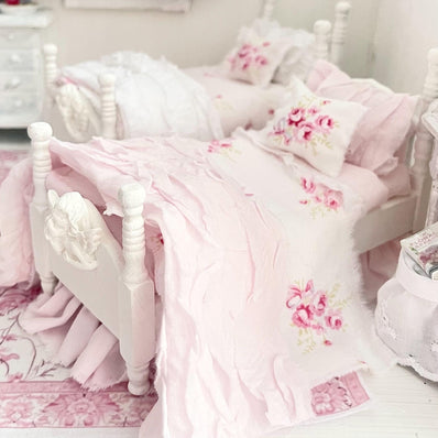 Etsy 1:12 Scale Distressed Painted White Wood Dressed Dollhouse Beds with Shabby White and Pink Ruffled Bedding, Romantic Miniature Furniture