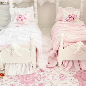 Etsy 1:12 Scale Distressed Painted White Wood Dressed Dollhouse Beds with Shabby White and Pink Ruffled Bedding, Romantic Miniature Furniture