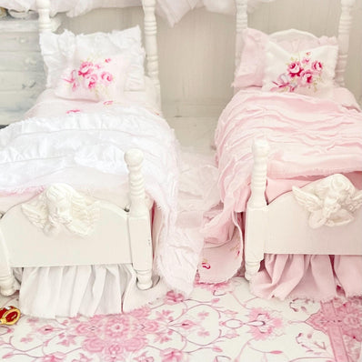 Etsy 1:12 Scale Distressed Painted White Wood Dressed Dollhouse Beds with Shabby White and Pink Ruffled Bedding, Romantic Miniature Furniture