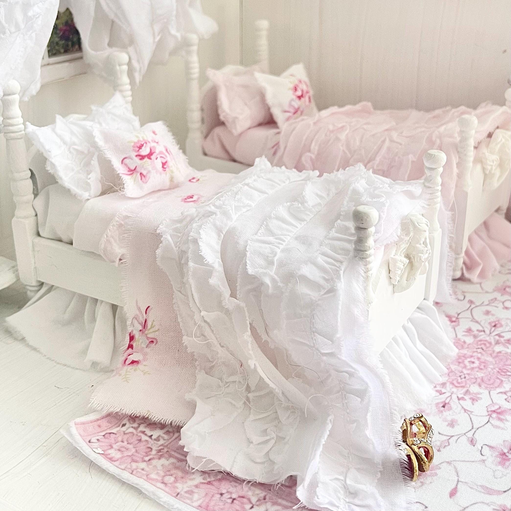 Etsy 1:12 Scale Distressed Painted White Wood Dressed Dollhouse Beds with Shabby White and Pink Ruffled Bedding, Romantic Miniature Furniture
