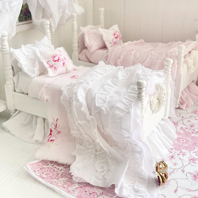 Etsy 1:12 Scale Distressed Painted White Wood Dressed Dollhouse Beds with Shabby White and Pink Ruffled Bedding, Romantic Miniature Furniture