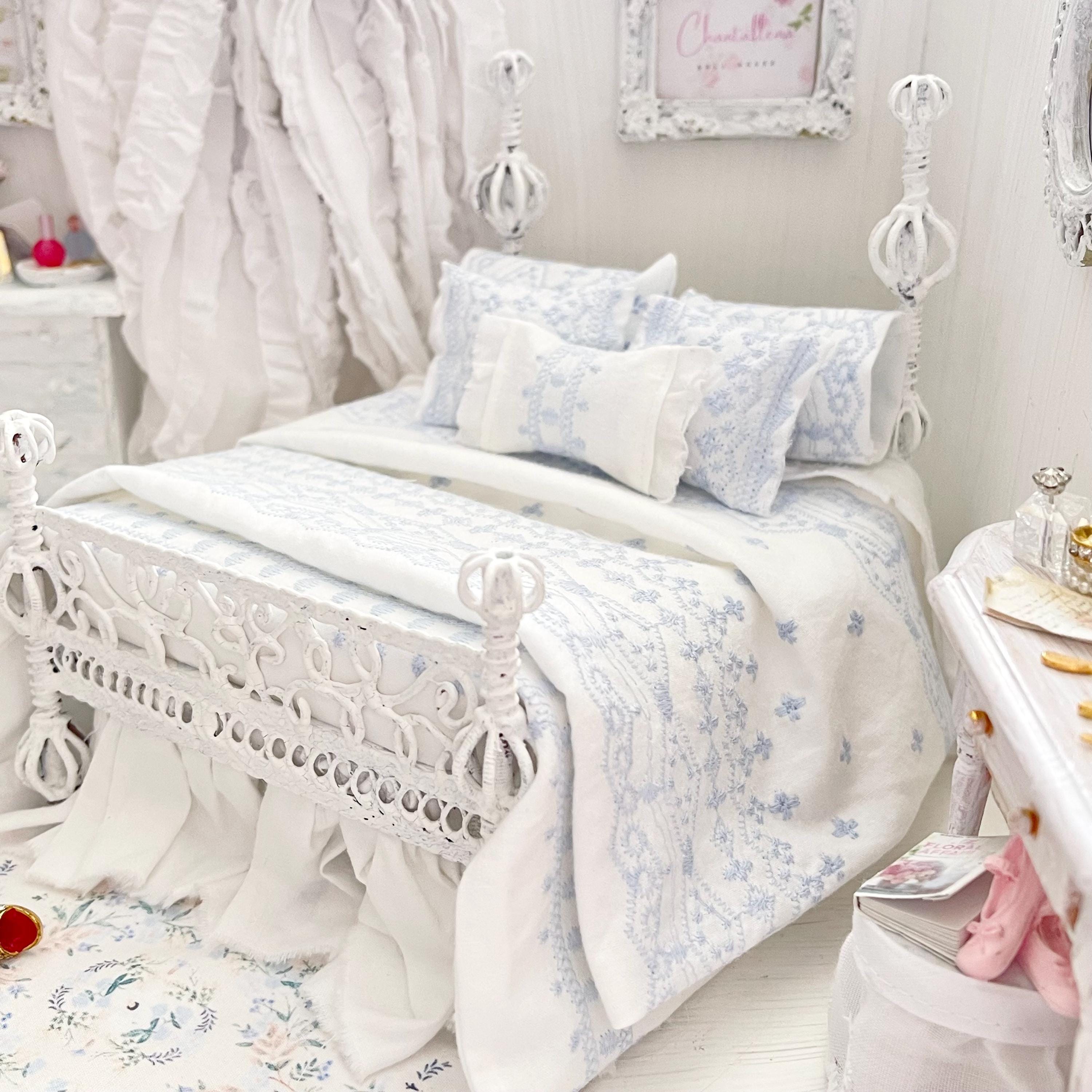 Etsy 1:12 Scale Distressed White Painted Alice Lacy Metal Dressed Dollhouse Double Bed, Blue and White Embroidered Bedding, Romantic  Miniatures