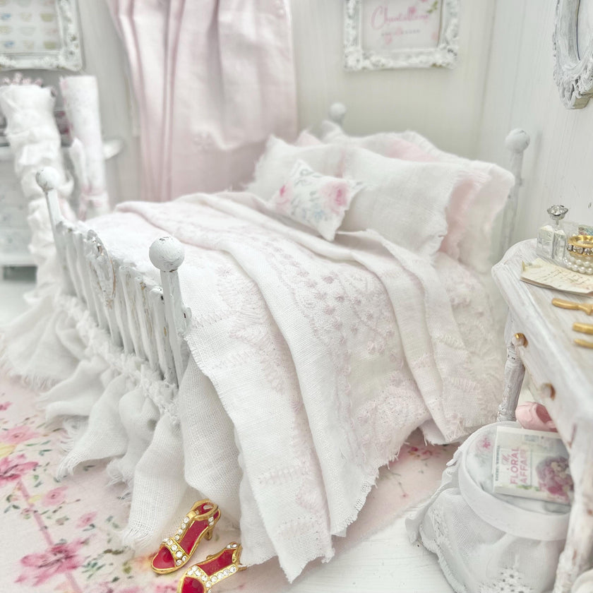Etsy 1:12 Scale Distressed White Painted Metal Dressed Dollhouse Double Bed- Lyra| Iron and Petals | Chantallena
