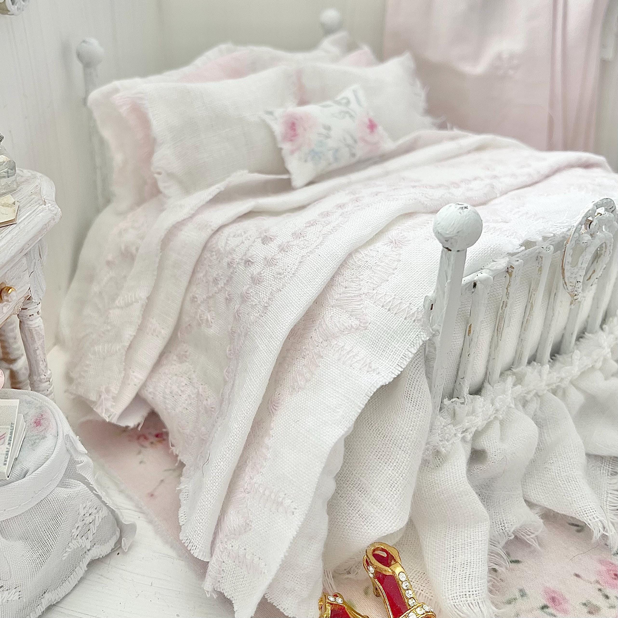 Etsy 1:12 Scale Distressed White Painted Metal Dressed Dollhouse Double Bed- Lyra| Iron and Petals | Chantallena
