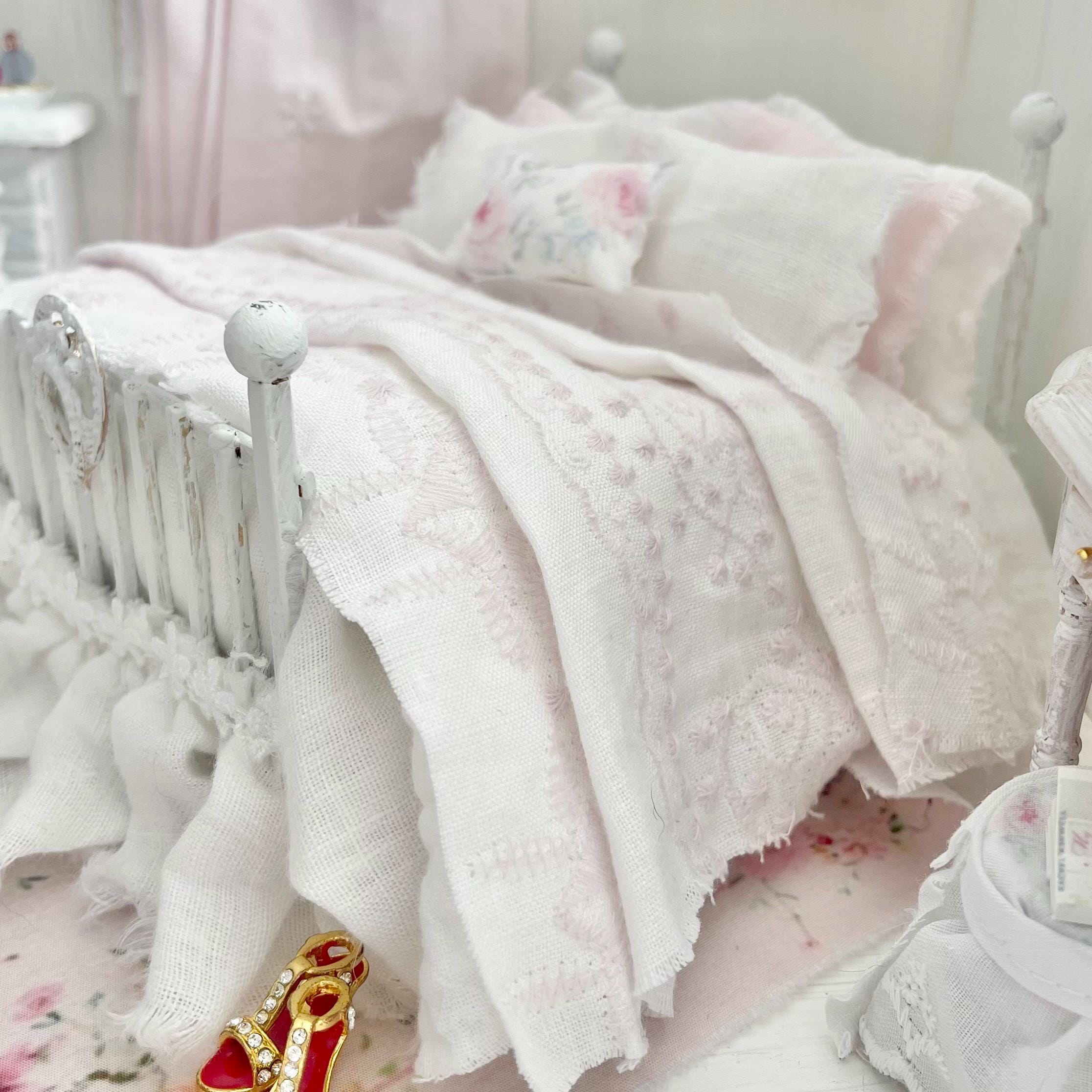 Etsy 1:12 Scale Distressed White Painted Metal Dressed Dollhouse Double Bed- Lyra| Iron and Petals | Chantallena