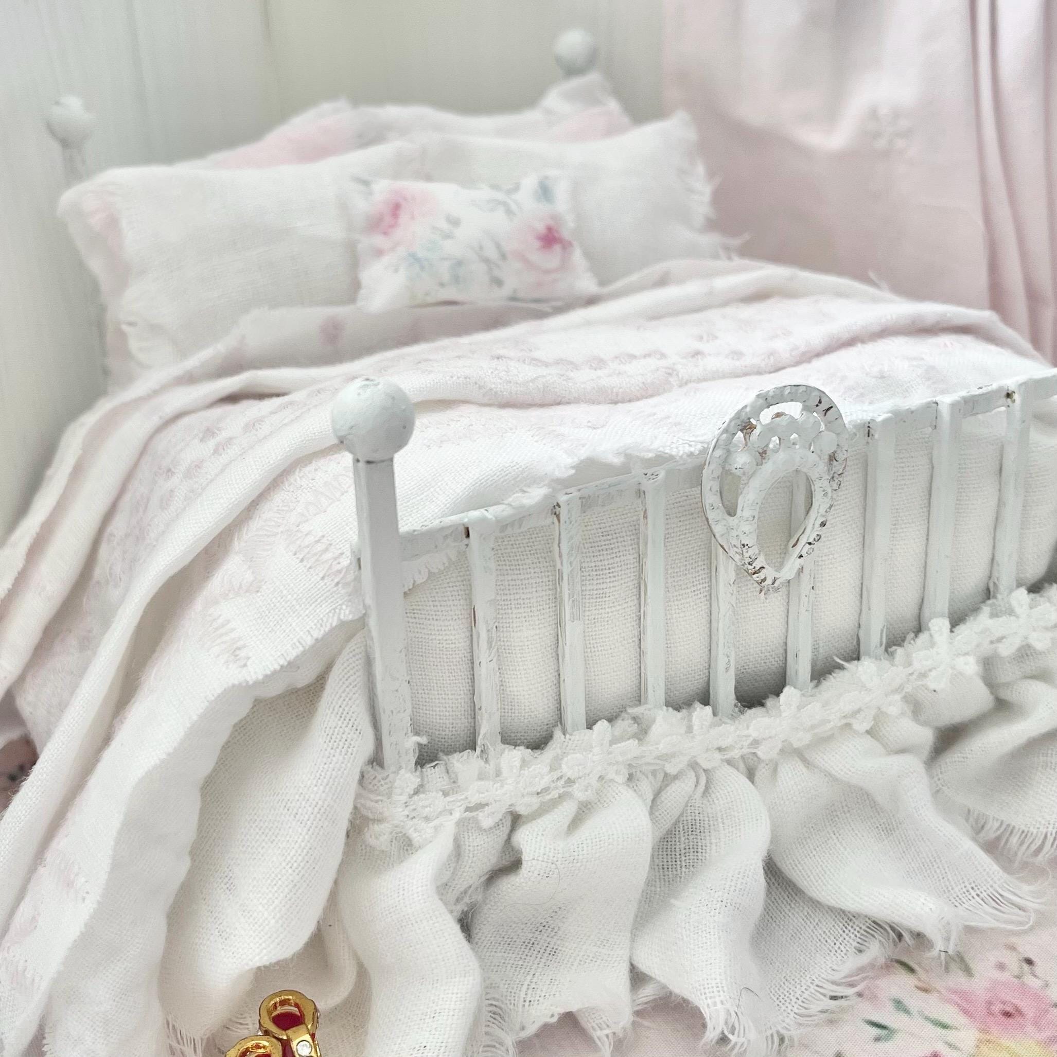 Etsy 1:12 Scale Distressed White Painted Metal Dressed Dollhouse Double Bed- Lyra| Iron and Petals | Chantallena
