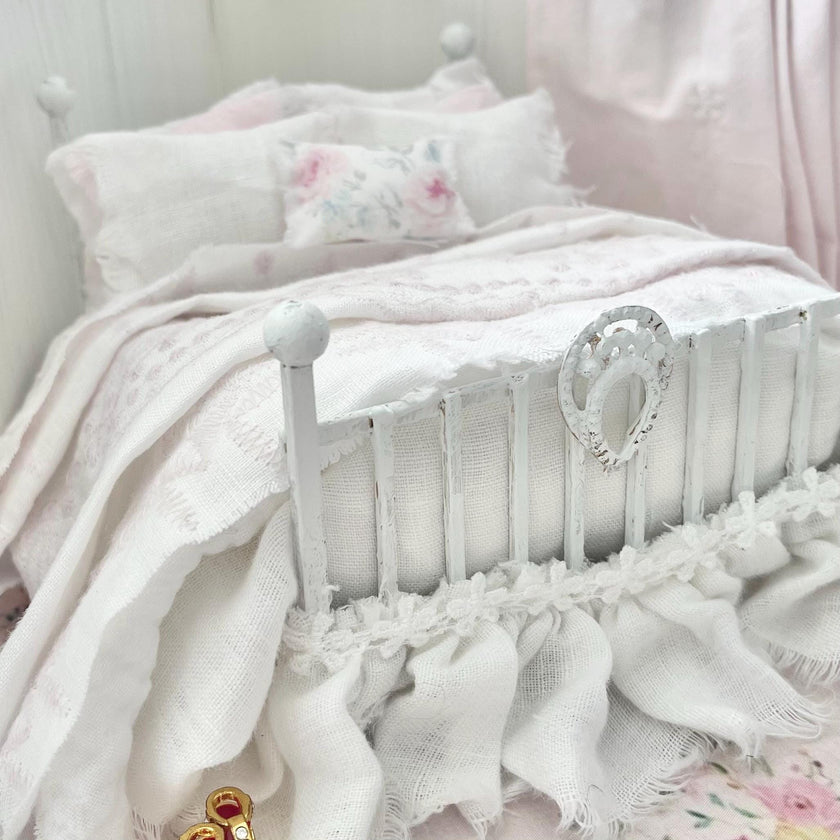 Etsy 1:12 Scale Distressed White Painted Metal Dressed Dollhouse Double Bed- Lyra| Iron and Petals | Chantallena
