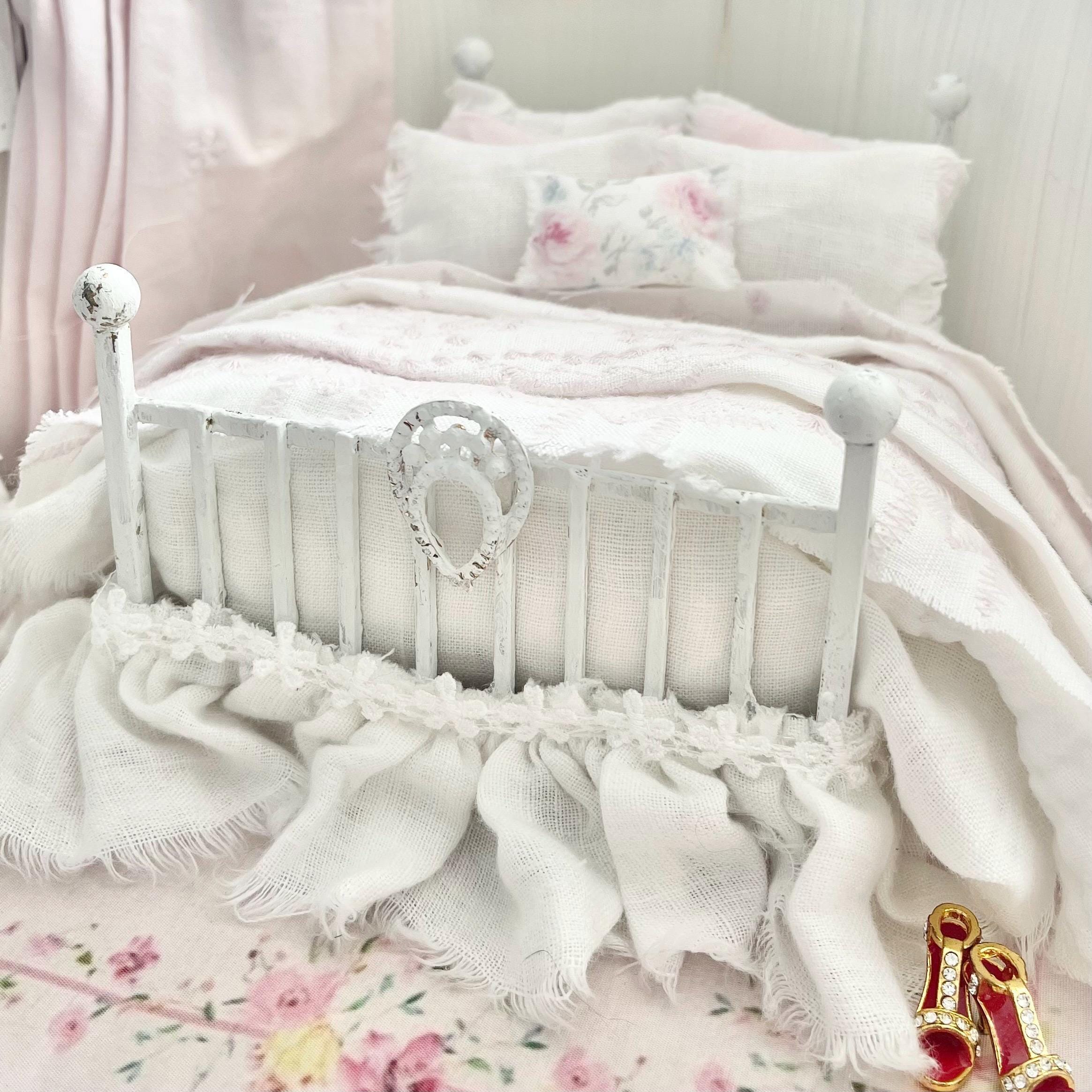 Etsy 1:12 Scale Distressed White Painted Metal Dressed Dollhouse Double Bed- Lyra| Iron and Petals | Chantallena