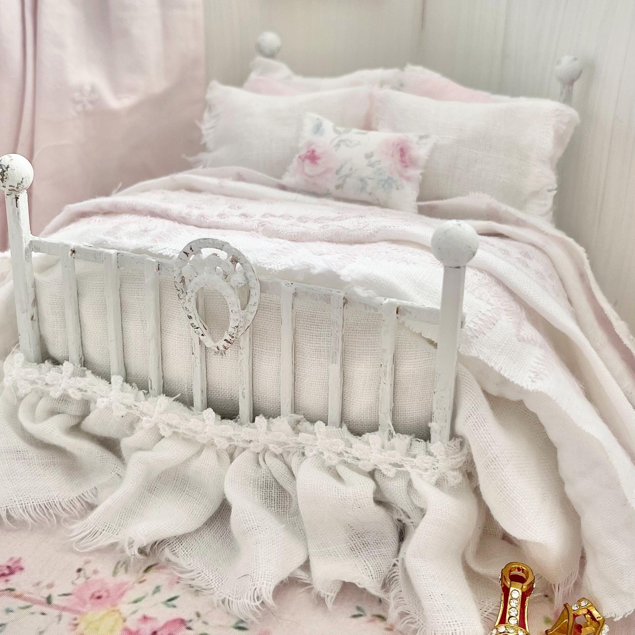 Etsy 1:12 Scale Distressed White Painted Metal Dressed Dollhouse Double Bed- Lyra| Iron and Petals | Chantallena