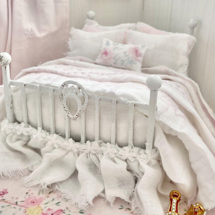 Etsy 1:12 Scale Distressed White Painted Metal Dressed Dollhouse Double Bed- Lyra| Iron and Petals | Chantallena