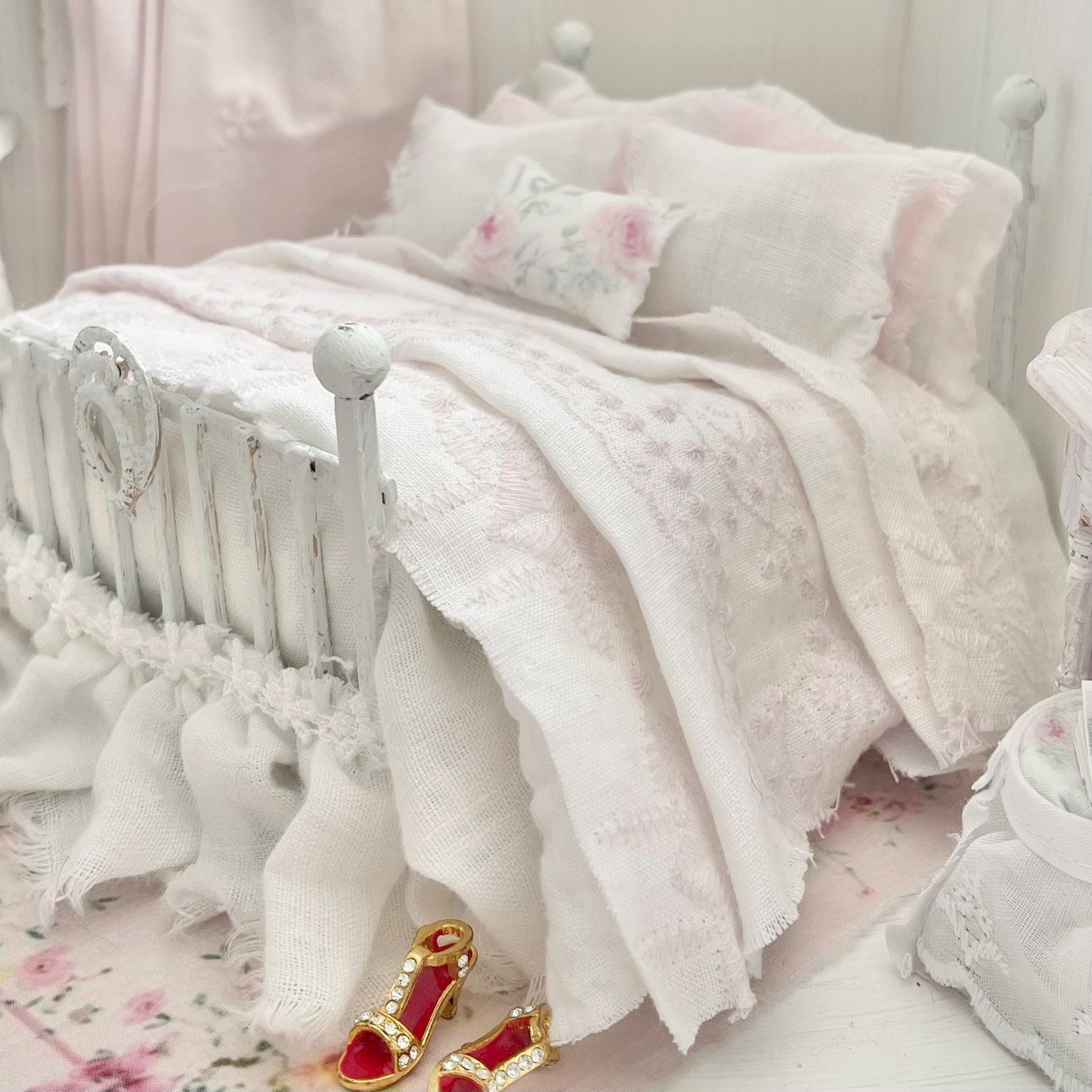 Etsy 1:12 Scale Distressed White Painted Metal Dressed Dollhouse Double Bed- Lyra| Iron and Petals | Chantallena