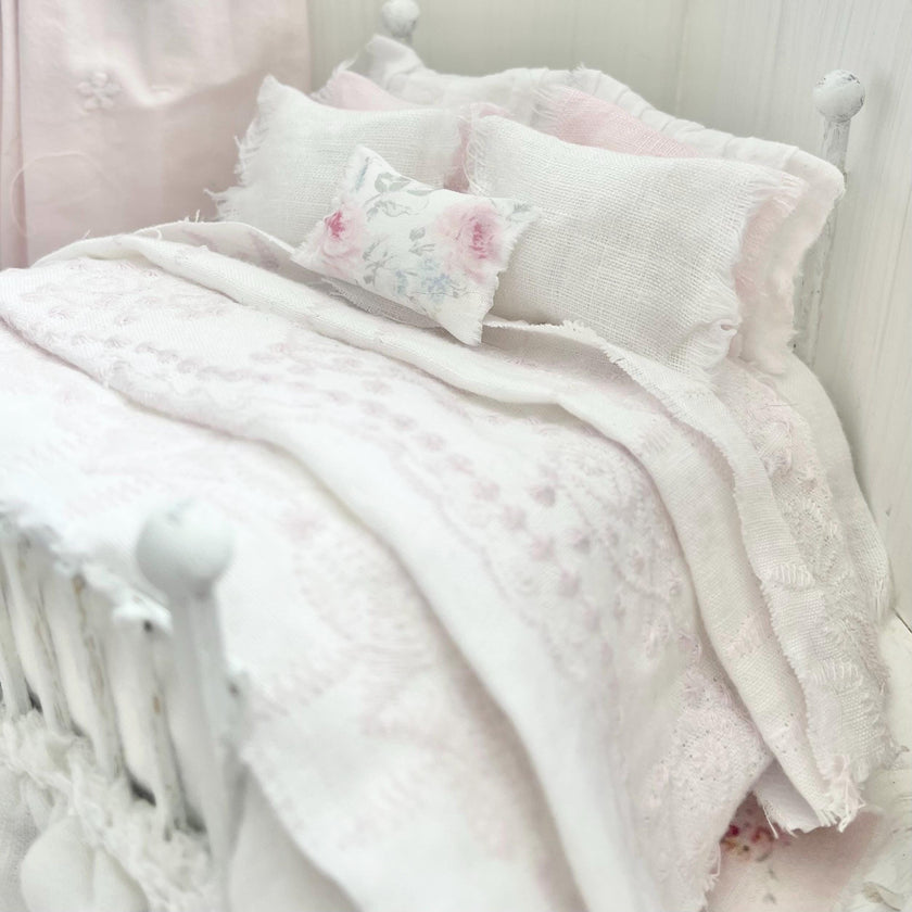 Etsy 1:12 Scale Distressed White Painted Metal Dressed Dollhouse Double Bed- Lyra| Iron and Petals | Chantallena