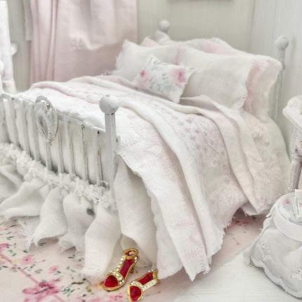Etsy 1:12 Scale Distressed White Painted Metal Dressed Dollhouse Double Bed- Lyra| Iron and Petals | Chantallena