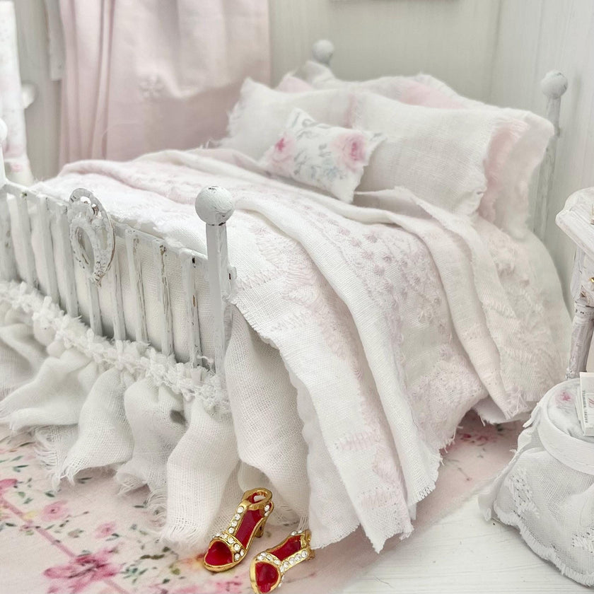 Etsy 1:12 Scale Distressed White Painted Metal Dressed Dollhouse Double Bed- Lyra| Iron and Petals | Chantallena