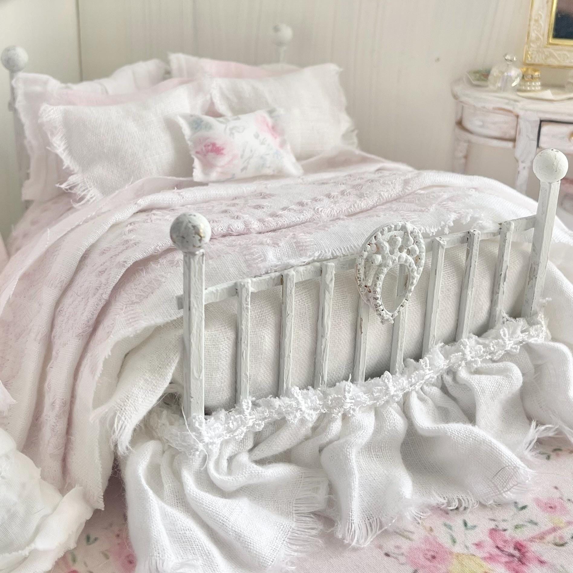 Etsy 1:12 Scale Distressed White Painted Metal Dressed Dollhouse Double Bed- Lyra| Iron and Petals | Chantallena