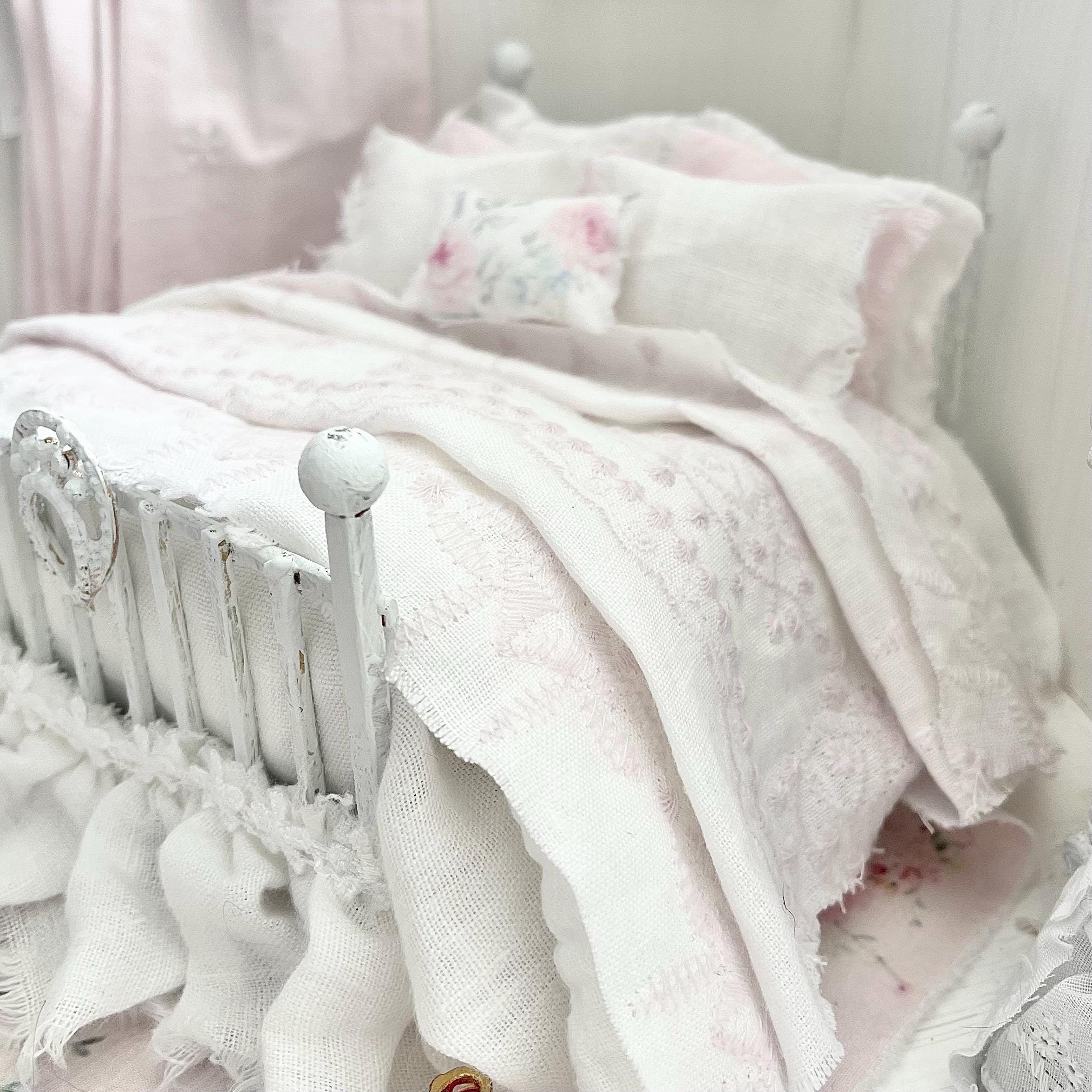 Etsy 1:12 Scale Distressed White Painted Metal Dressed Dollhouse Double Bed- Lyra| Iron and Petals | Chantallena