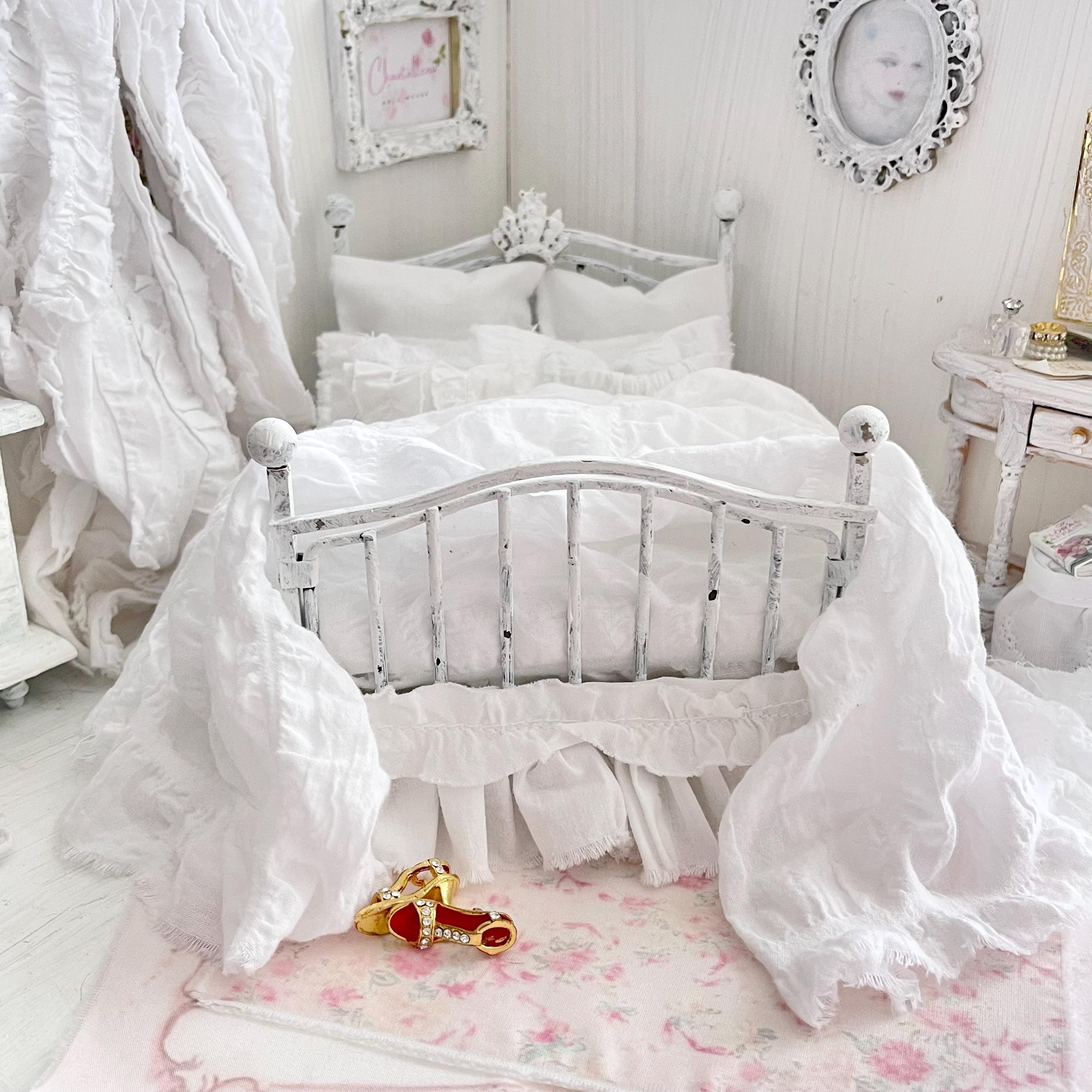 Etsy 1:12 Scale Distressed White Painted Metal Dressed Dollhouse Double Bed with White Cotton Bedding, Romantic Miniature Furniture and Decor