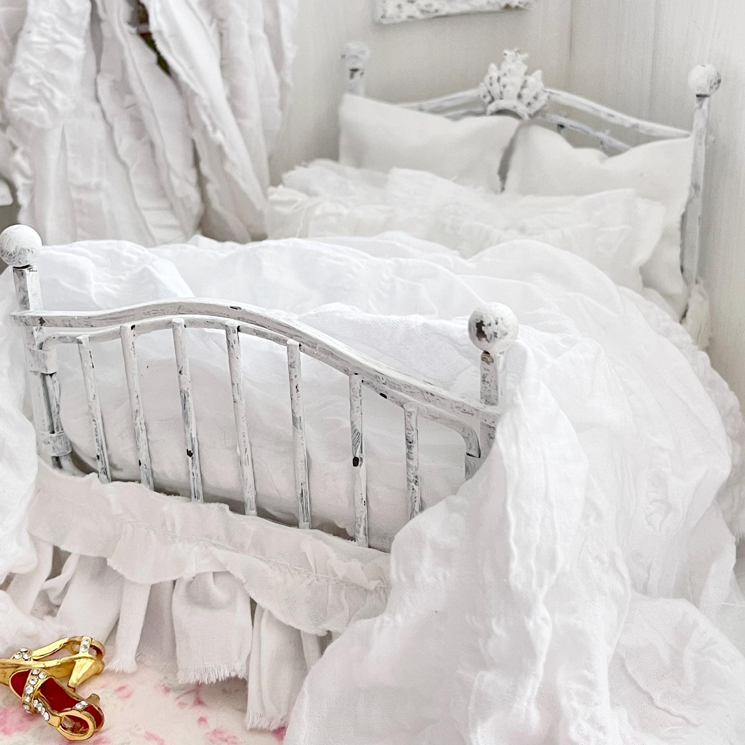 Etsy 1:12 Scale Distressed White Painted Metal Dressed Dollhouse Double Bed with White Cotton Bedding, Romantic Miniature Furniture and Decor