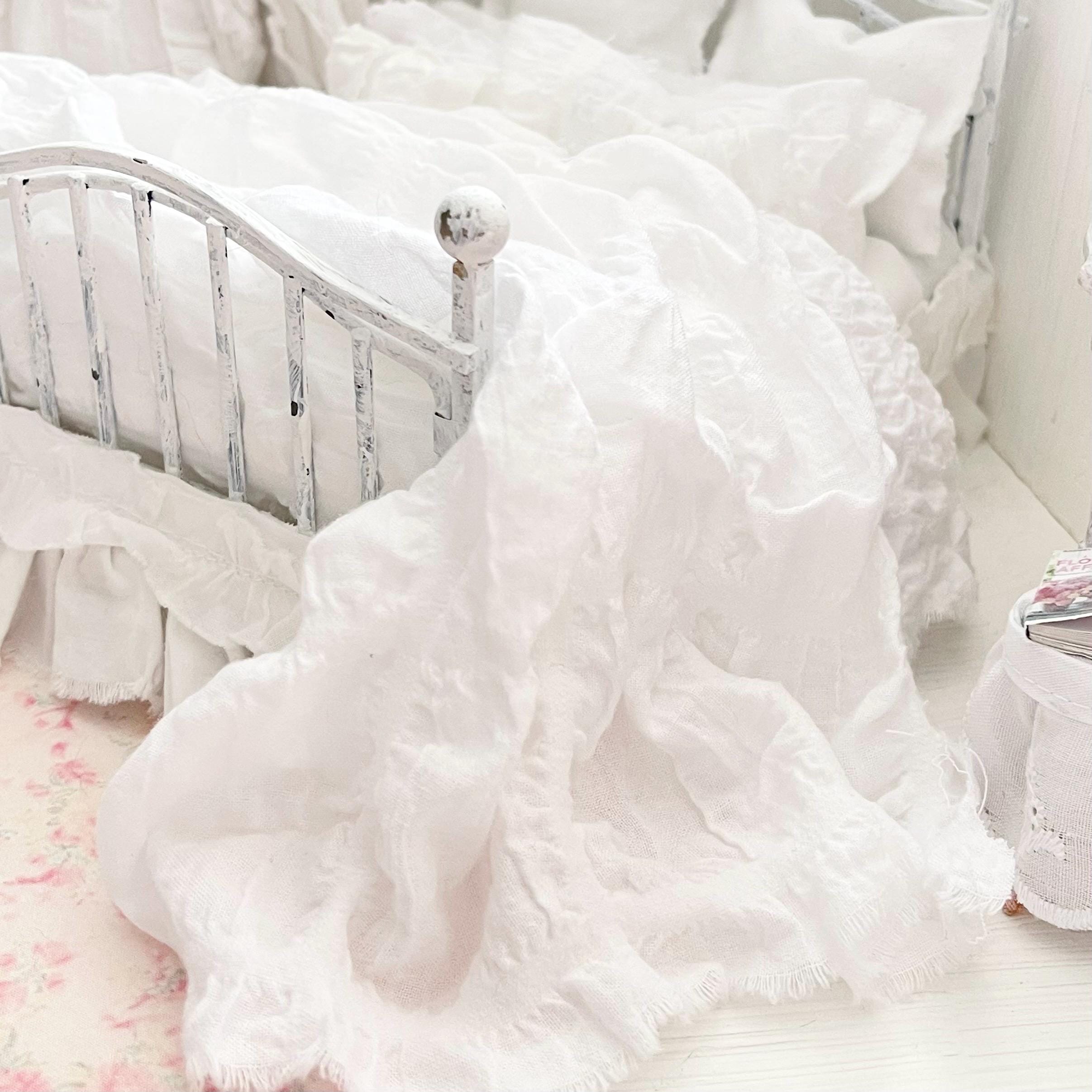 Etsy 1:12 Scale Distressed White Painted Metal Dressed Dollhouse Double Bed with White Cotton Bedding, Romantic Miniature Furniture and Decor