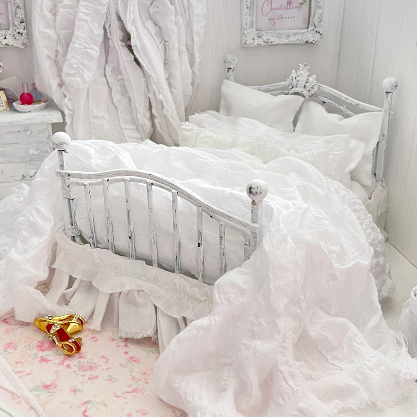 Etsy 1:12 Scale Distressed White Painted Metal Dressed Dollhouse Double Bed with White Cotton Bedding, Romantic Miniature Furniture and Decor