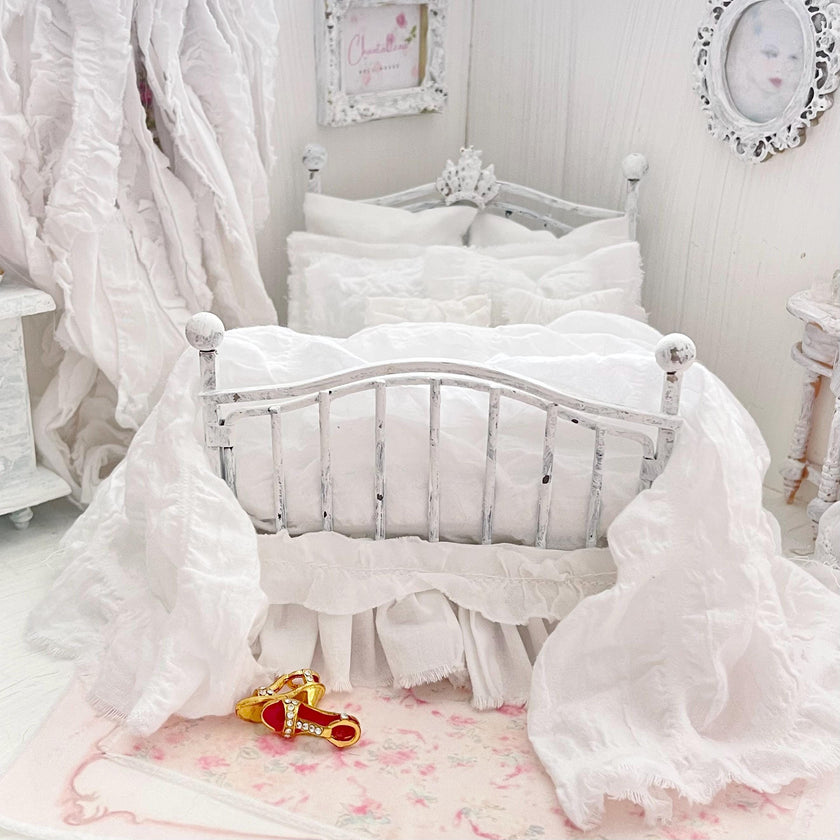 Etsy 1:12 Scale Distressed White Painted Metal Dressed Dollhouse Double Bed with White Cotton Bedding, Romantic Miniature Furniture and Decor