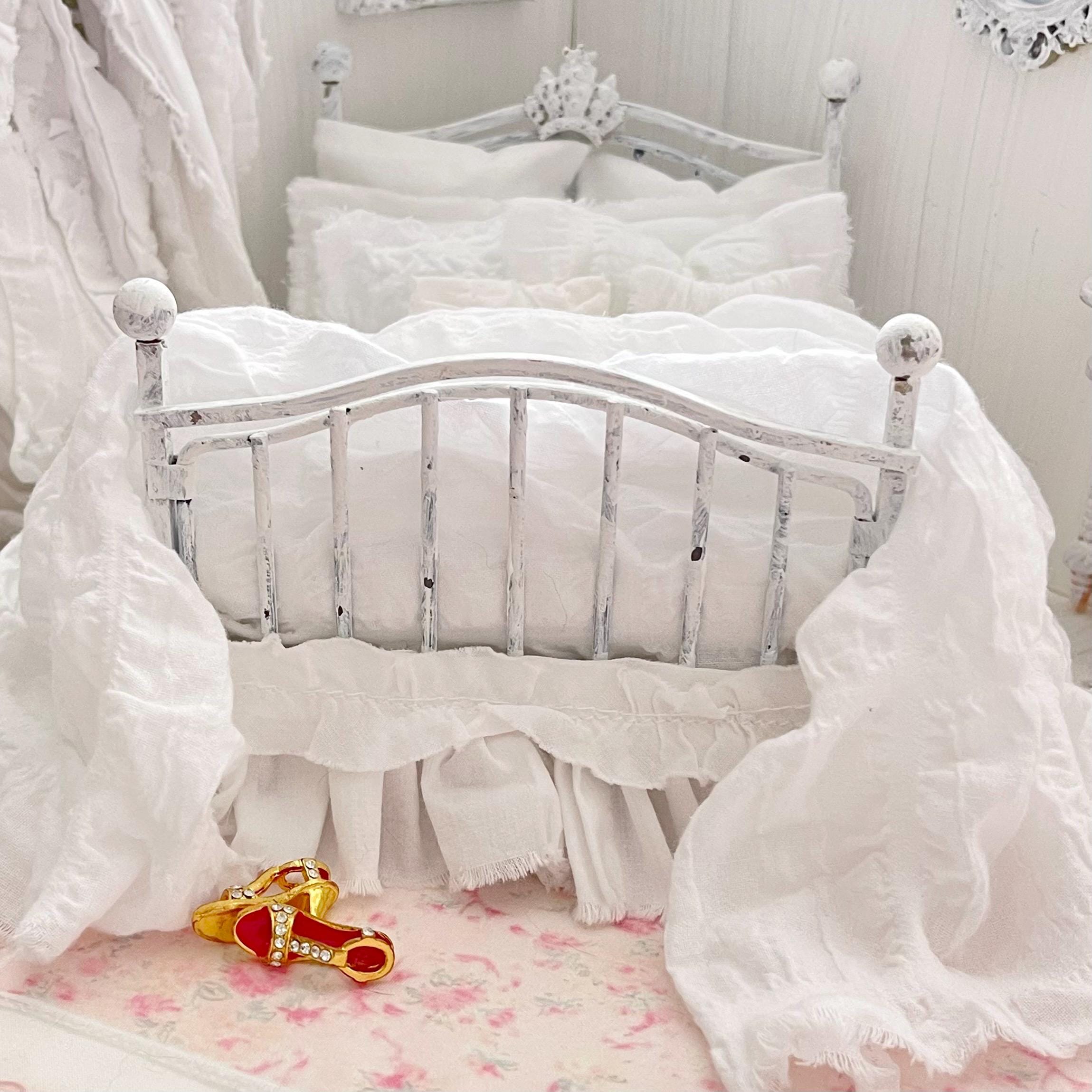 Etsy 1:12 Scale Distressed White Painted Metal Dressed Dollhouse Double Bed with White Cotton Bedding, Romantic Miniature Furniture and Decor