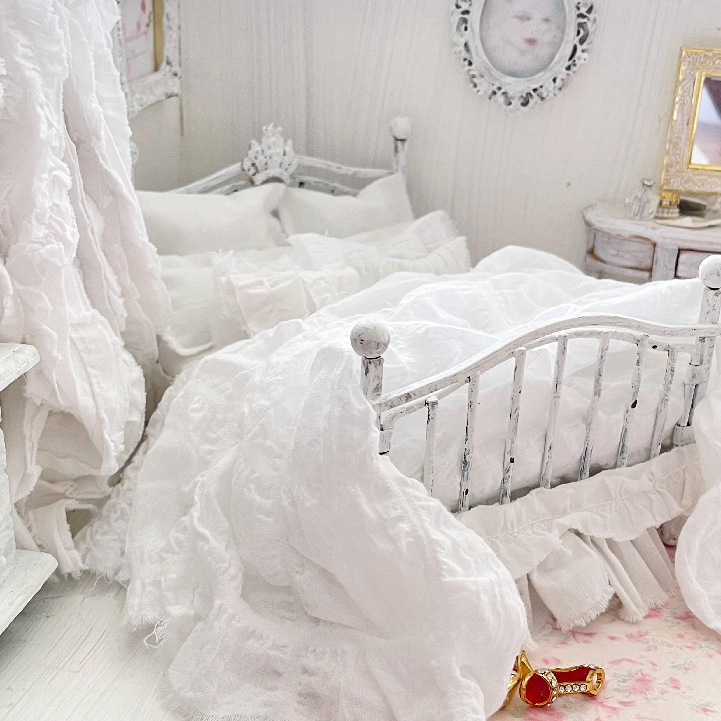 Etsy 1:12 Scale Distressed White Painted Metal Dressed Dollhouse Double Bed with White Cotton Bedding, Romantic Miniature Furniture and Decor